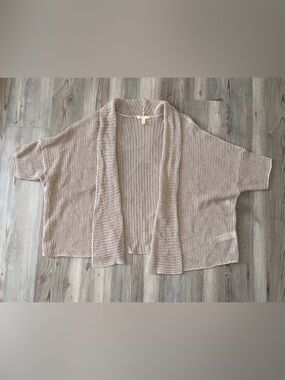 Eileen Fisher Open Knit Organic Linen Cropped Cardigan Large L Beige Tan